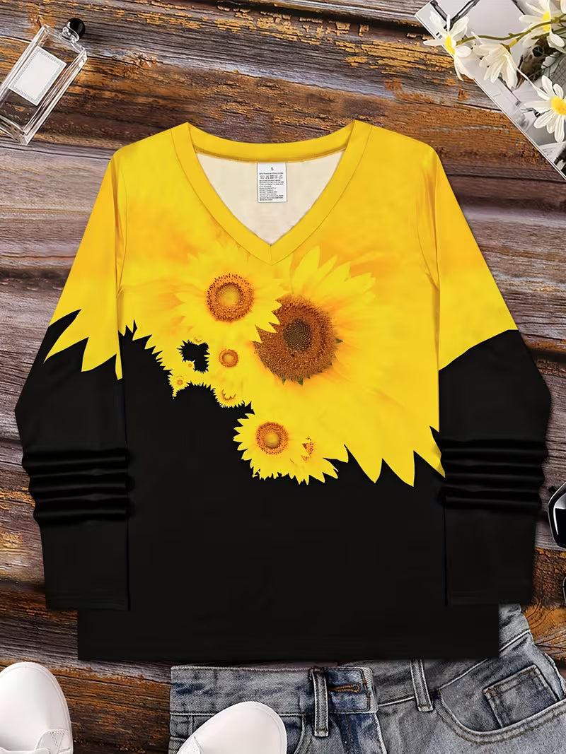 Olina - Maglia a Maniche Lunghe Con Stampa a Girasoli