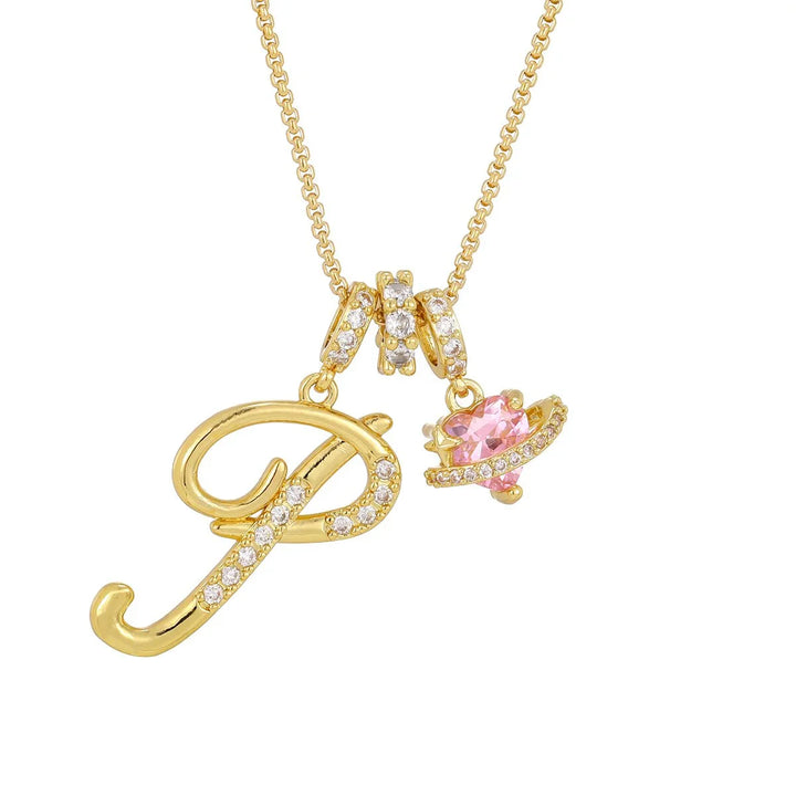 Nerute - Collana Con Iniziale e Ciondolo a Forma di Cuore Rosa