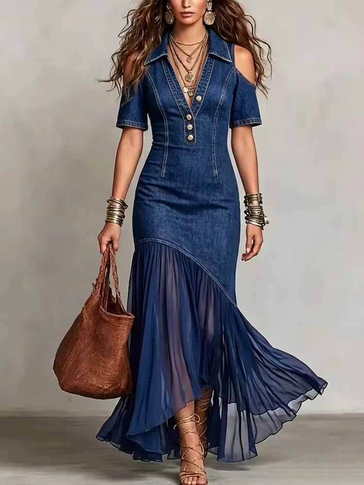 Presley - Abito Lungo in Denim Con Bottoni Decorativi