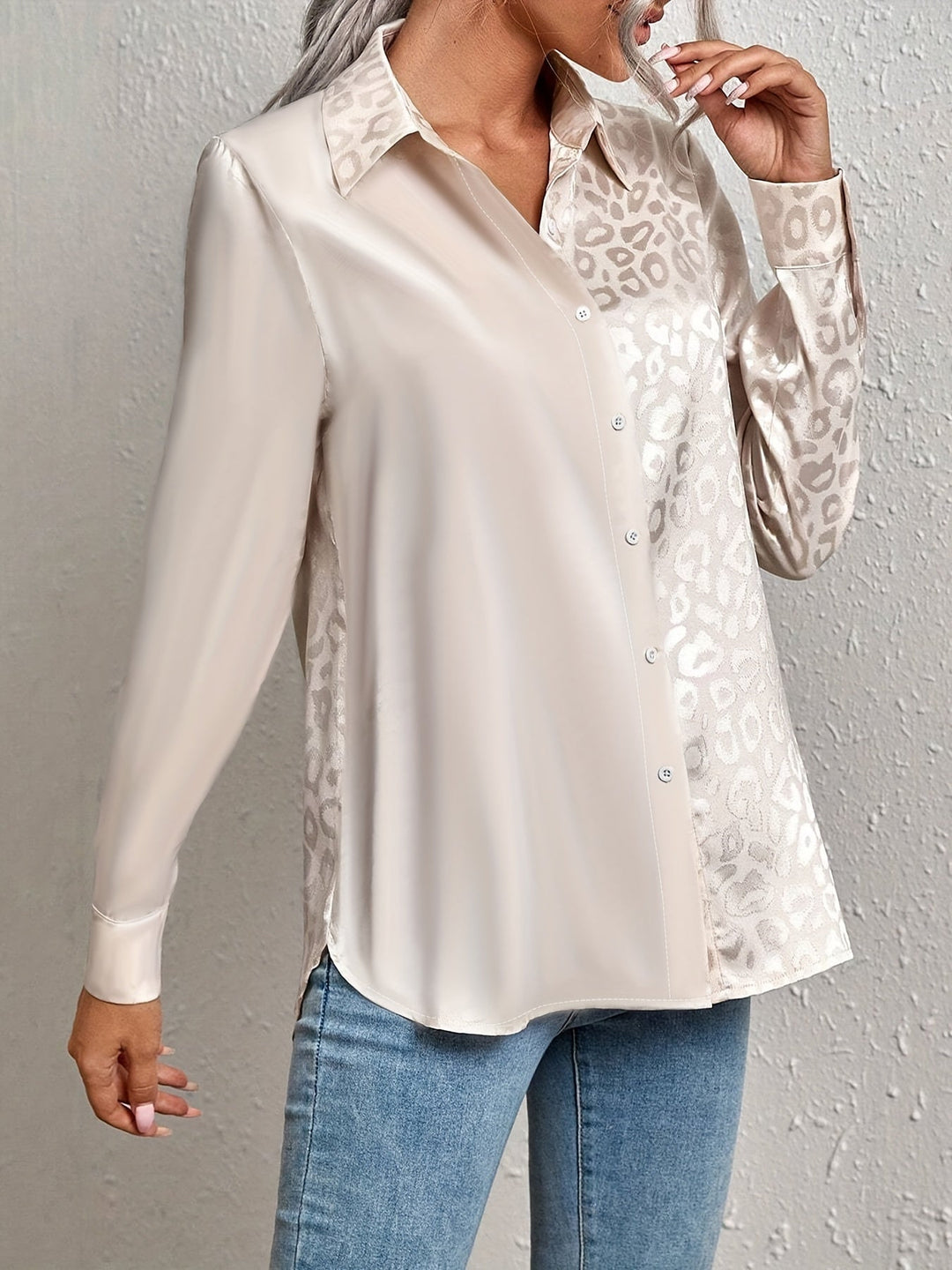 Gwendolyn - Camicia Con Bottoni In Raso Bicolore Con Stampa Leopardata Jacquard