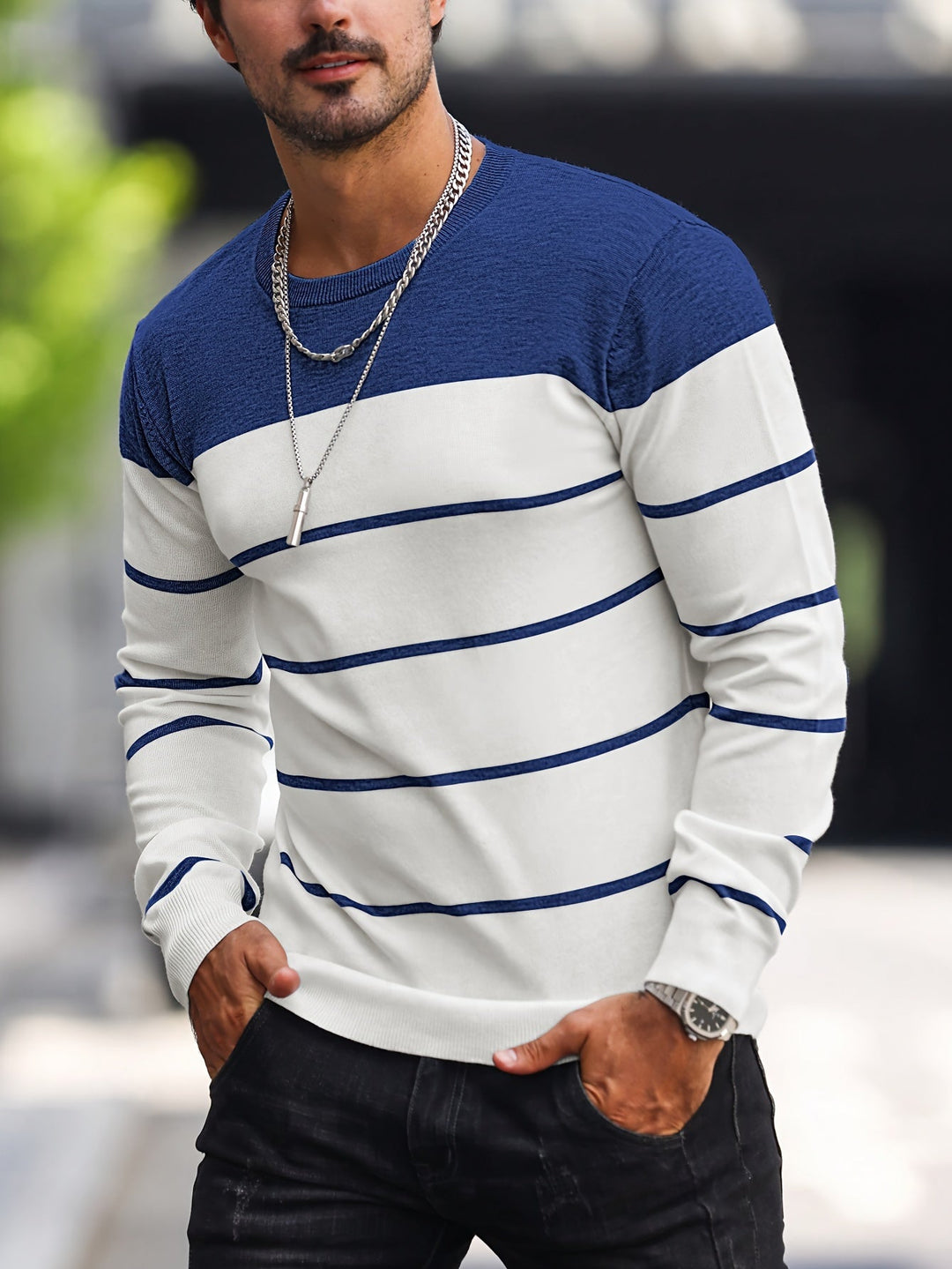 Michiel - Maglione Casual a Righe con Maniche Lunghe