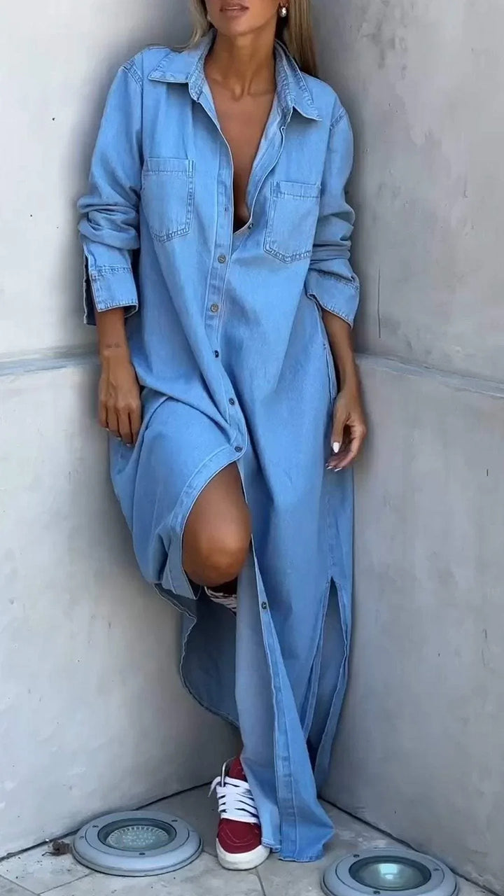 Vallina - Denim Manica Lunga Abito Con Risvolto