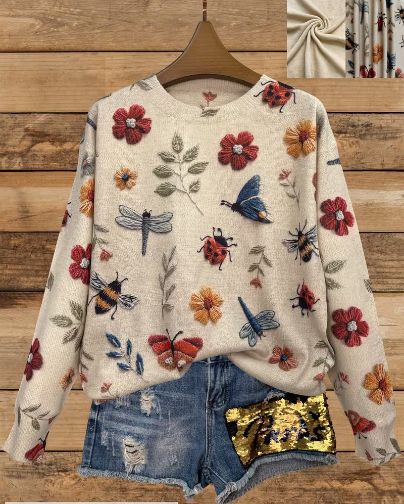 Nigella - Maglione Casual Con Stampa Floreale E Di Insetti