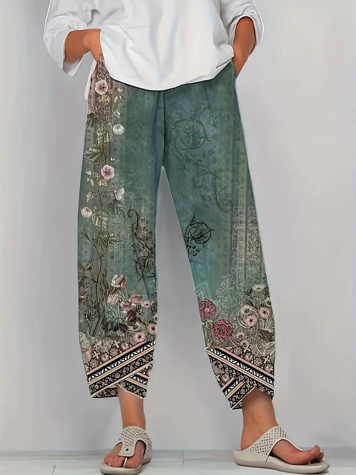 Thimasha - Pantaloni Capri Vintage a Fiori Con Elastico in Vita