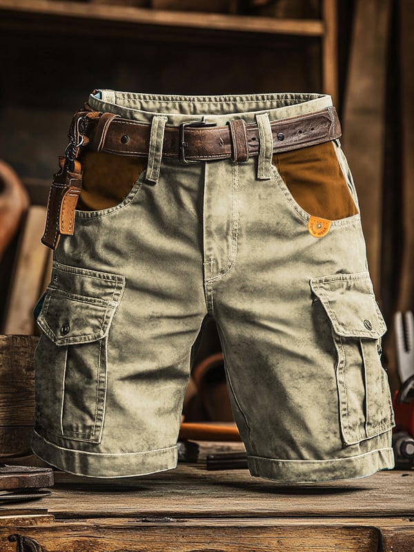 Pantaloncini cargo multiuso da uomo in tessuto ripstop retrò per attività outdoor