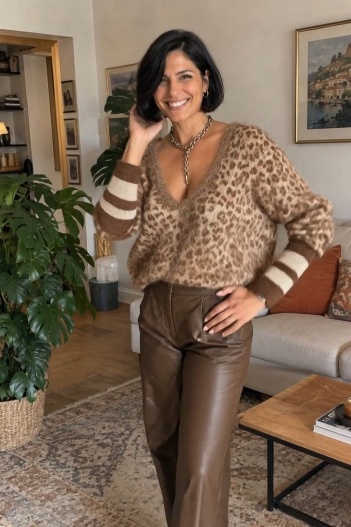 Zelinna - Maglione Con Scollo a V E Stampa Leopardata