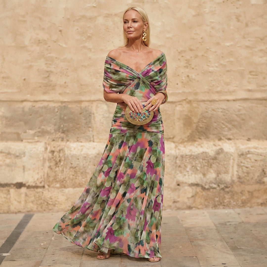 Nelyssa - Abito lungo a Fiori con Spalle Scoperte