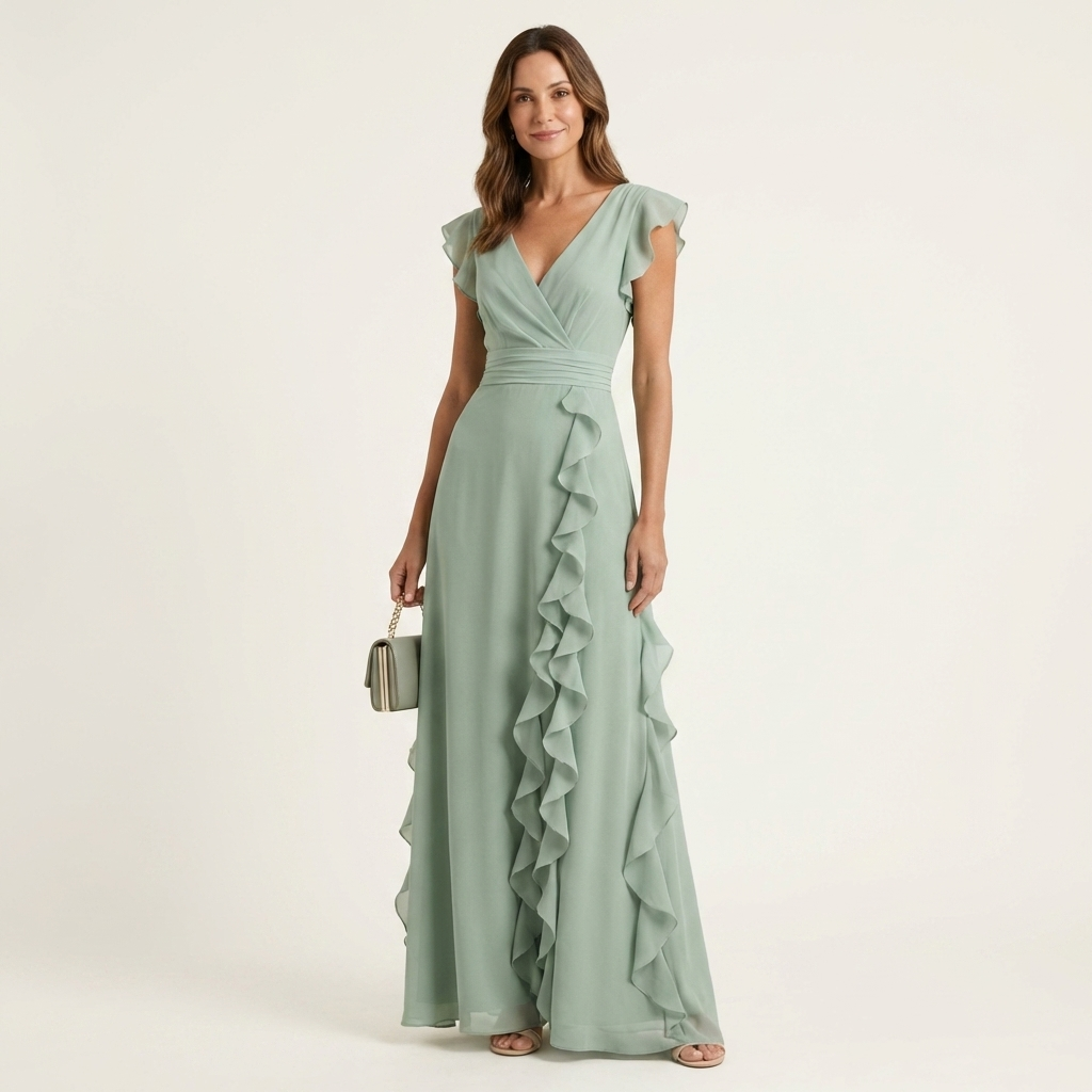 Nellyana - Abito Lungo Casual Con Scollo a V, Maniche Svolazzanti E Volant