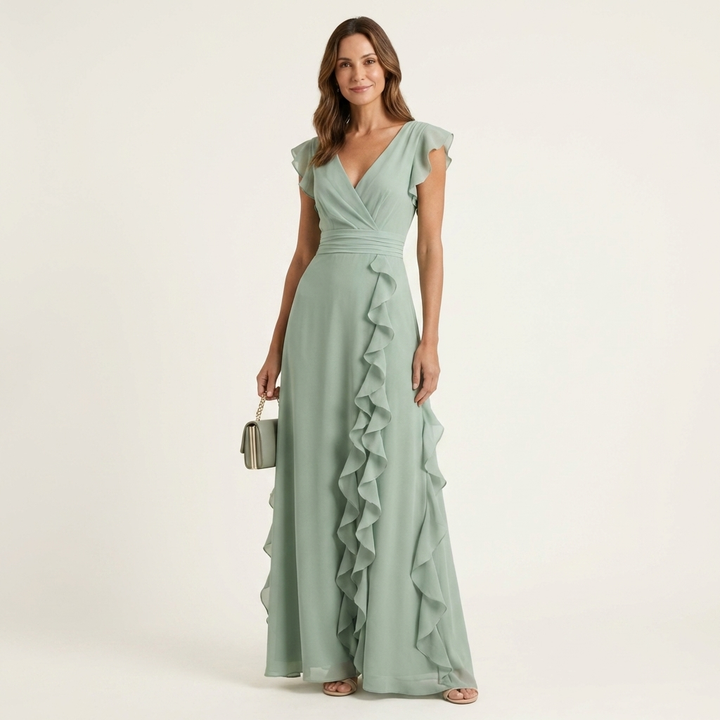 Nellyana - Abito Lungo Casual Con Scollo a V, Maniche Svolazzanti E Volant