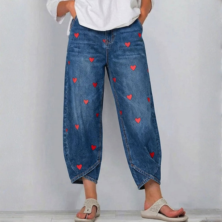 Raemaa - Pantaloni In Denim Alla Caviglia Con Stampa a Cuori