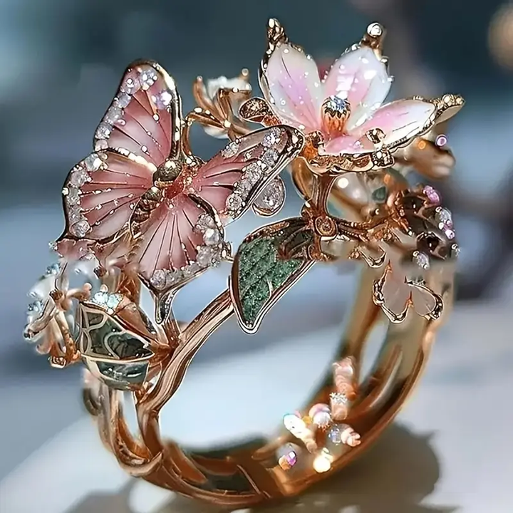 PetalWings - Anello con Farfalla Scintillante Naturale e Zirconi