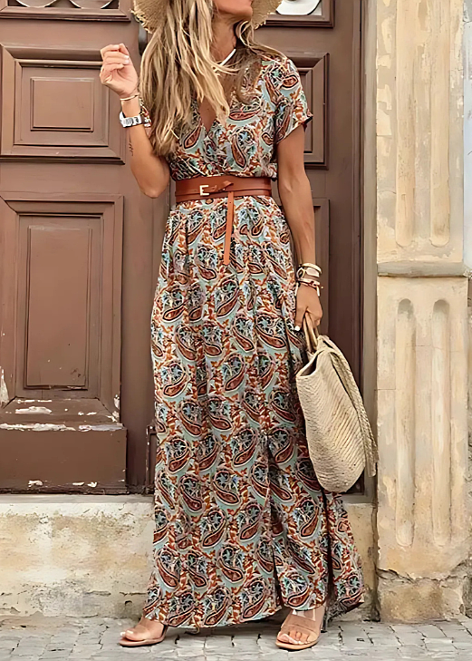 Briony - Elegante Abito Lungo Con Stampa Paisley E Cintura