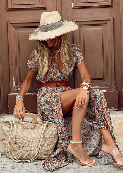 Briony - Elegante Abito Lungo Con Stampa Paisley E Cintura