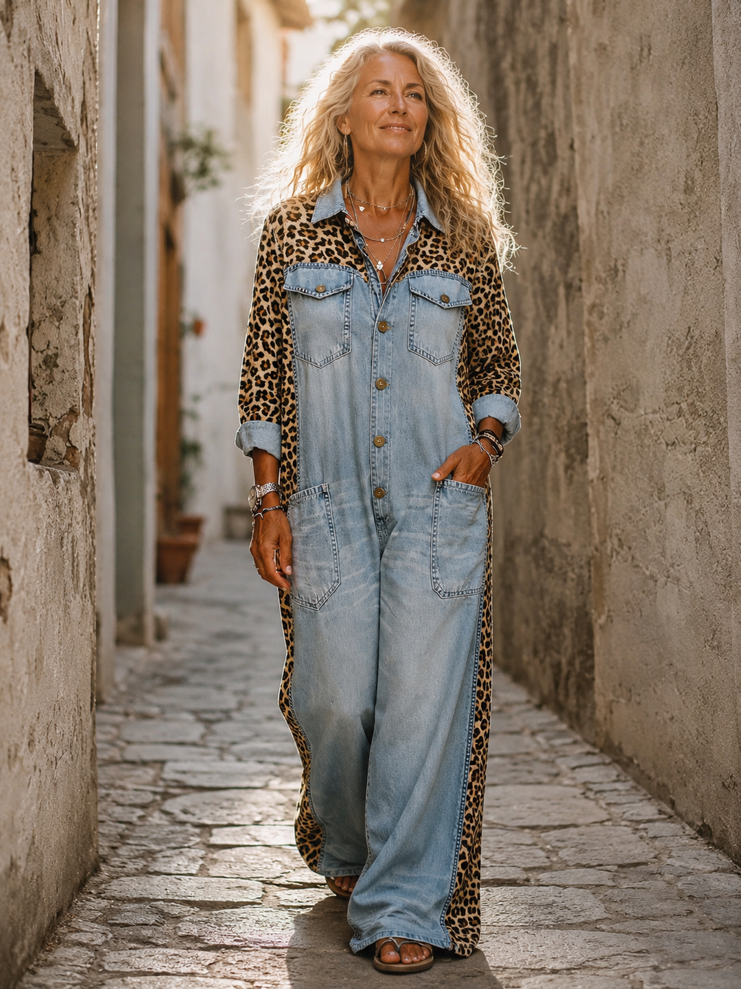 Yasmeen - Tuta Leggera in Denim Con Stampa Leopardata
