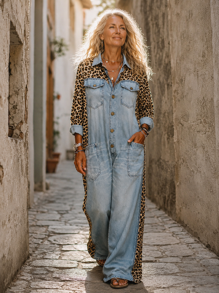 Yasmeen - Tuta Leggera in Denim Con Stampa Leopardata