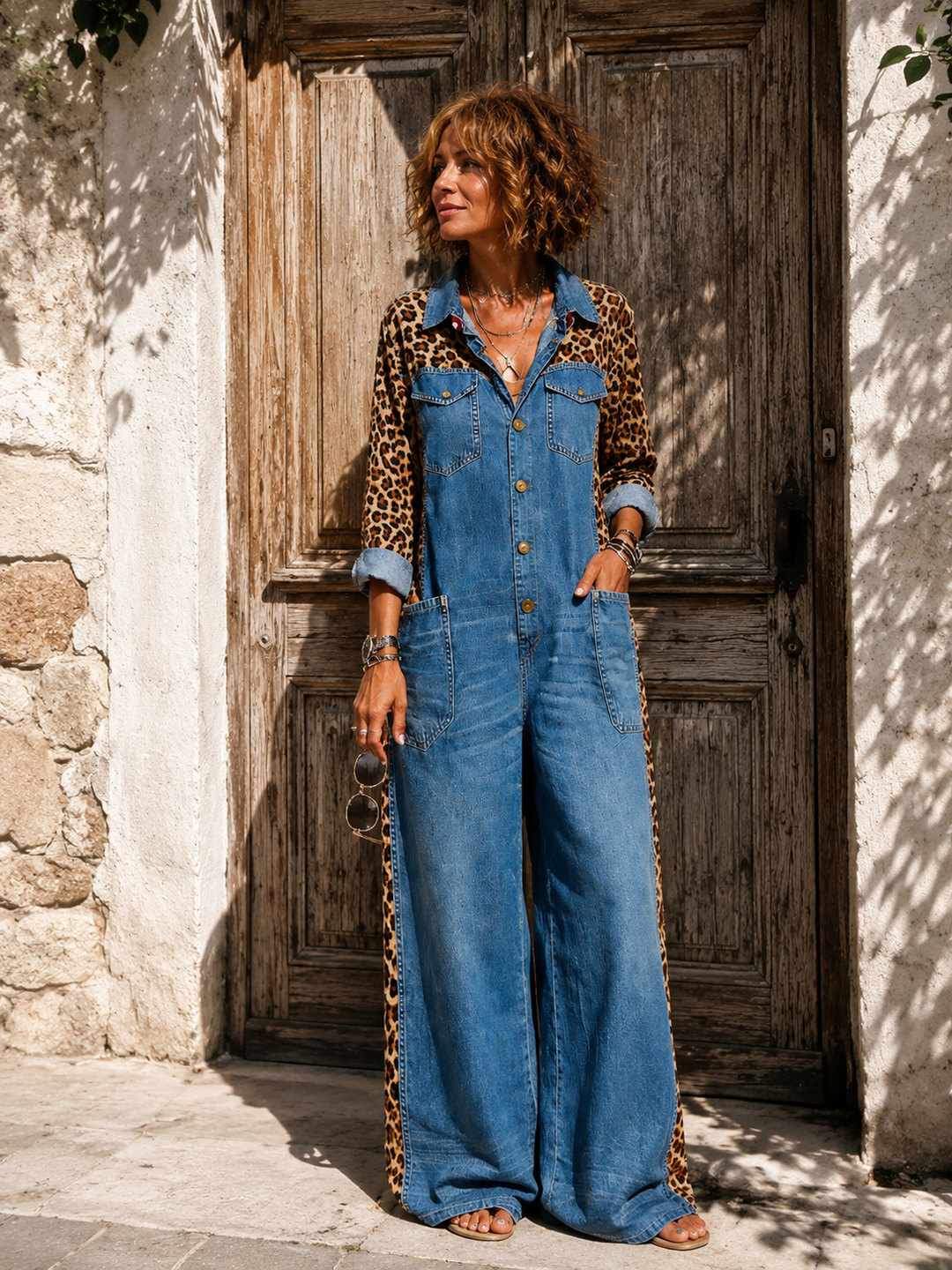 Yasmeen - Tuta Leggera in Denim Con Stampa Leopardata
