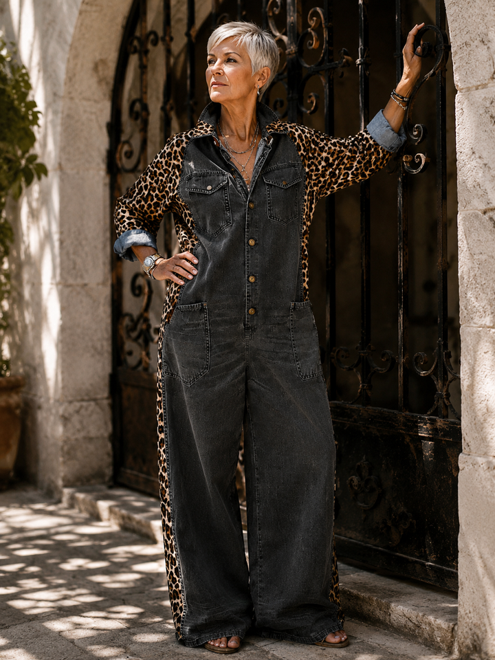 Yasmeen - Tuta Leggera in Denim Con Stampa Leopardata