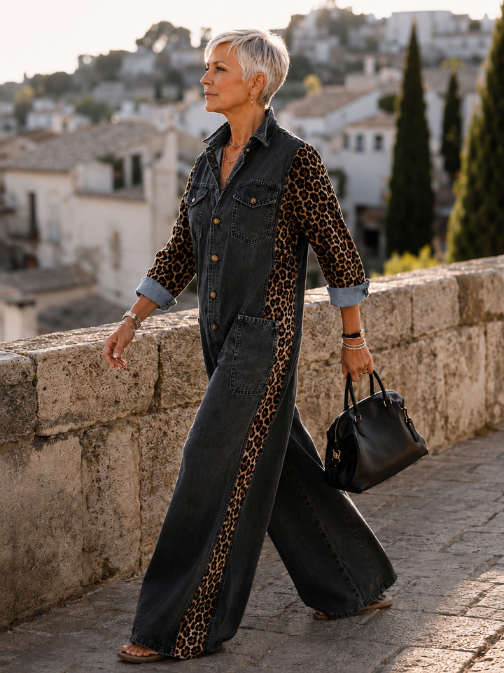 Yasmeen - Tuta Leggera in Denim Con Stampa Leopardata