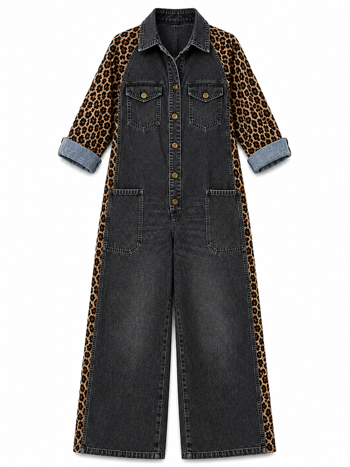Yasmeen - Tuta Leggera in Denim Con Stampa Leopardata