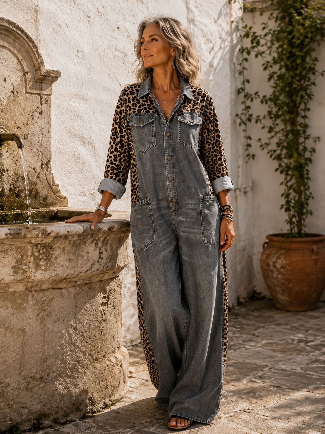 Yasmeen - Tuta Leggera in Denim Con Stampa Leopardata