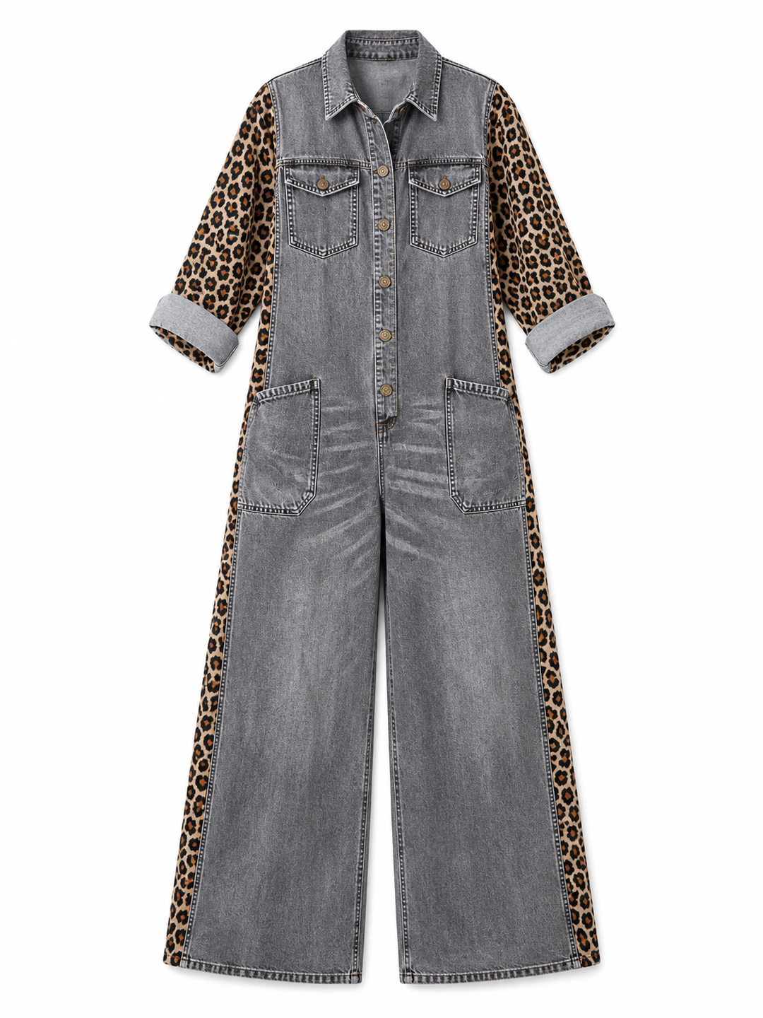 Yasmeen - Tuta Leggera in Denim Con Stampa Leopardata
