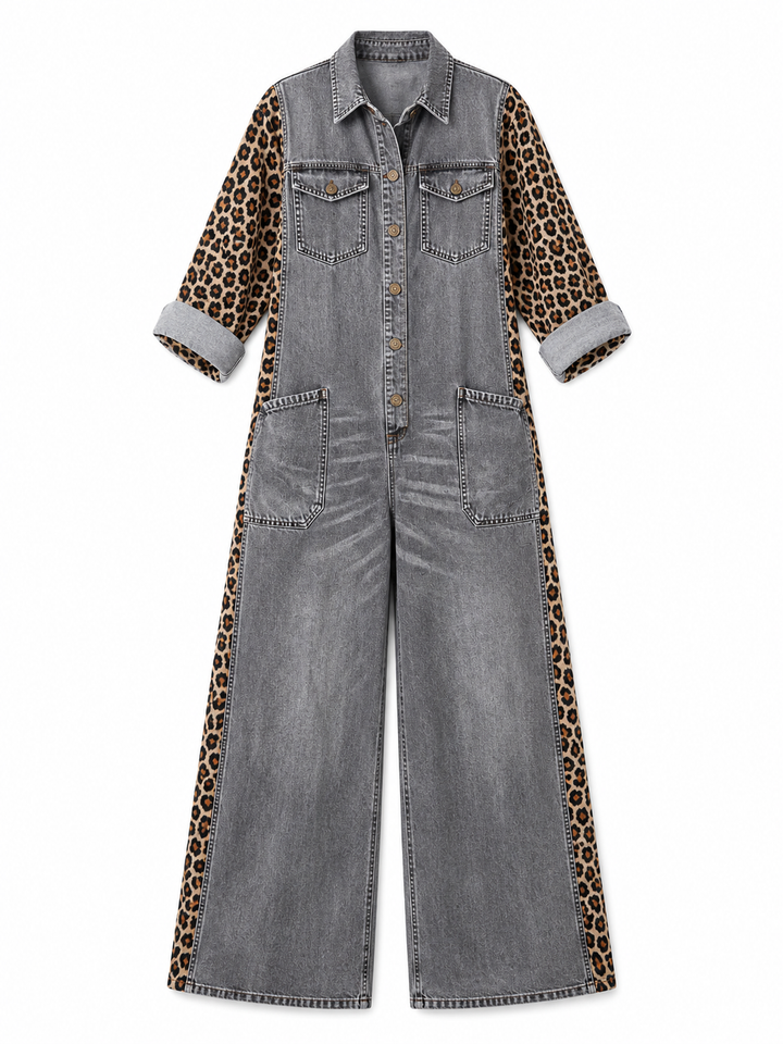 Yasmeen - Tuta Leggera in Denim Con Stampa Leopardata