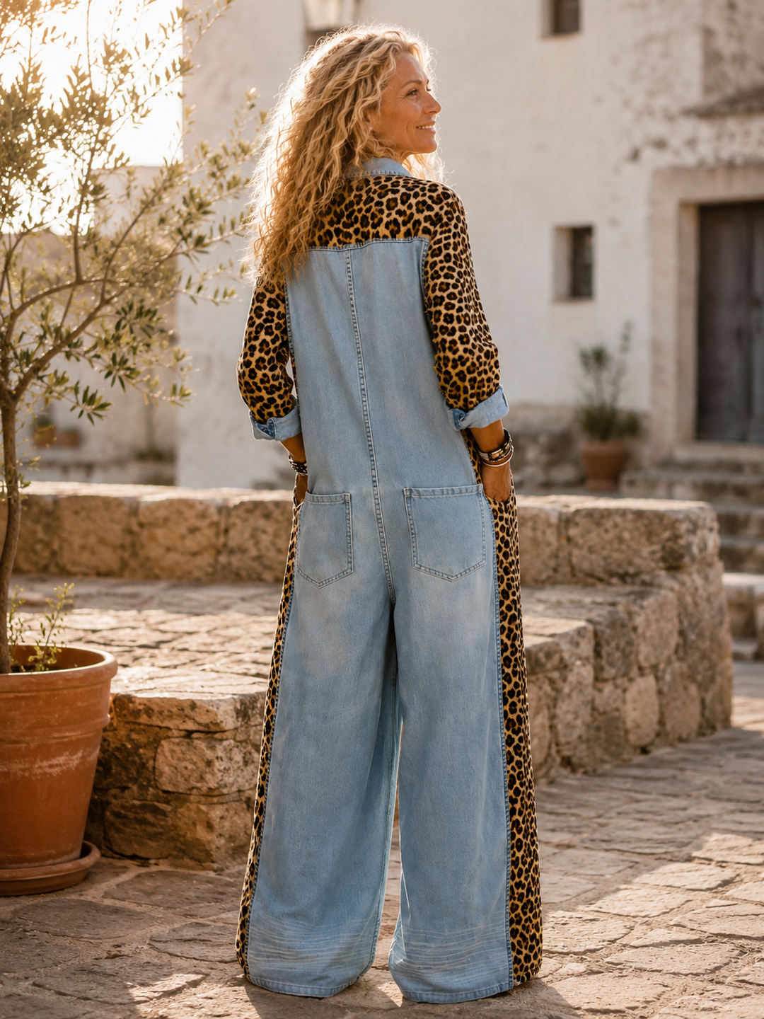 Yasmeen - Tuta Leggera in Denim Con Stampa Leopardata