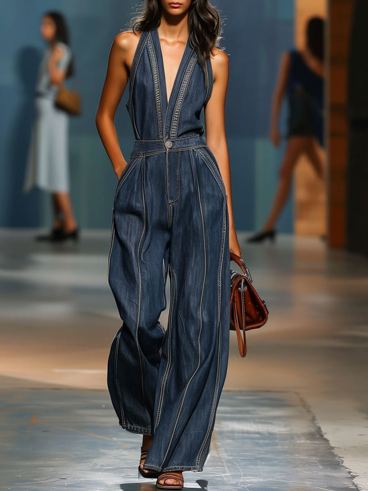 Kaelina - Tuta in Denim Senza Maniche in Stile Retrò
