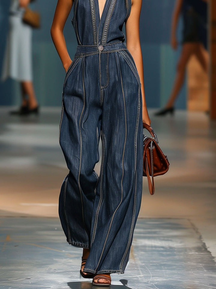 Kaelina - Tuta in Denim Senza Maniche in Stile Retrò