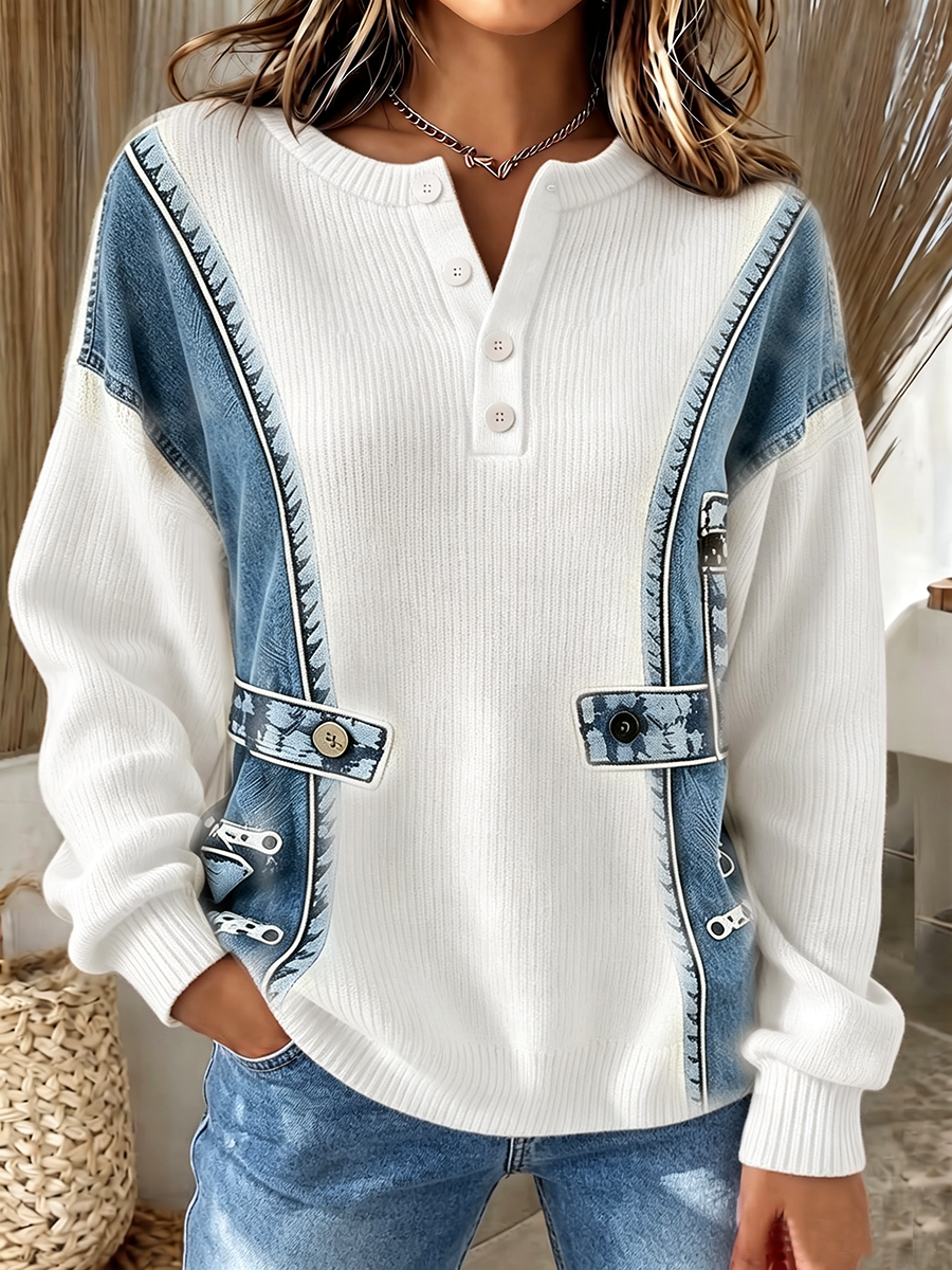 Benija - Maglione Casual in Maglia Con Stampa 3d Effetto Denim