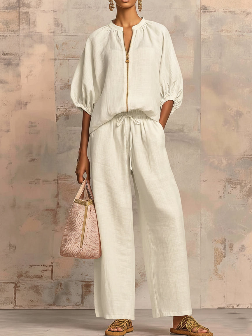 Alysha - Elegante Completo a Due Pezzi in Cotone E Lino