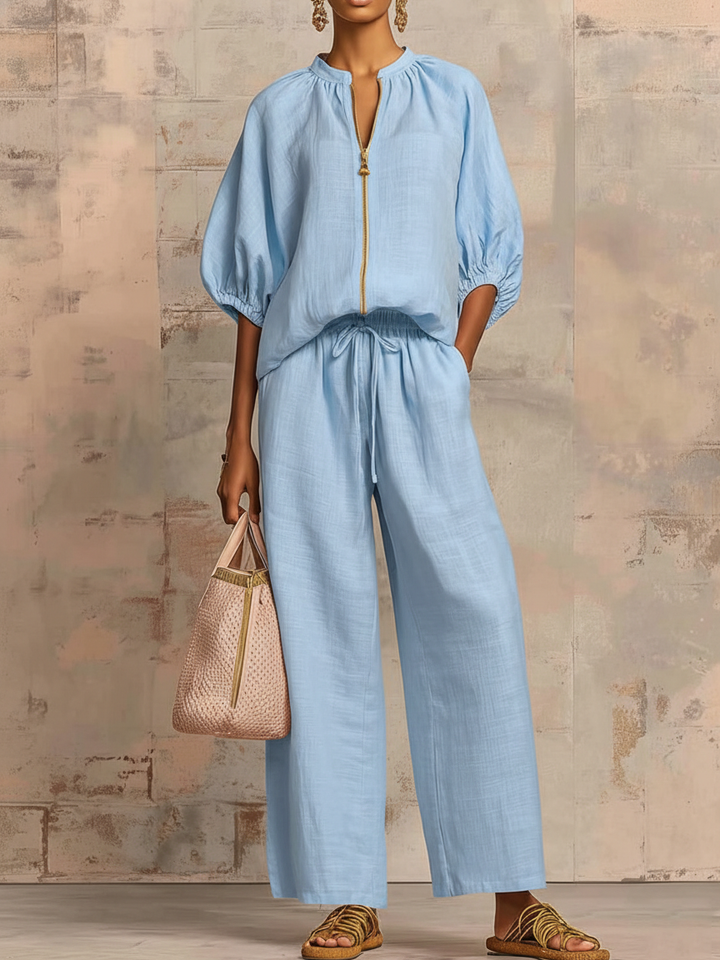 Alysha - Elegante Completo a Due Pezzi in Cotone E Lino