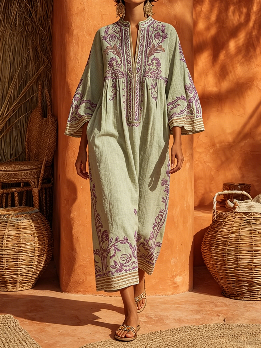 Sariana - Abito Ricamato in Stile Boho Con Scollo a V
