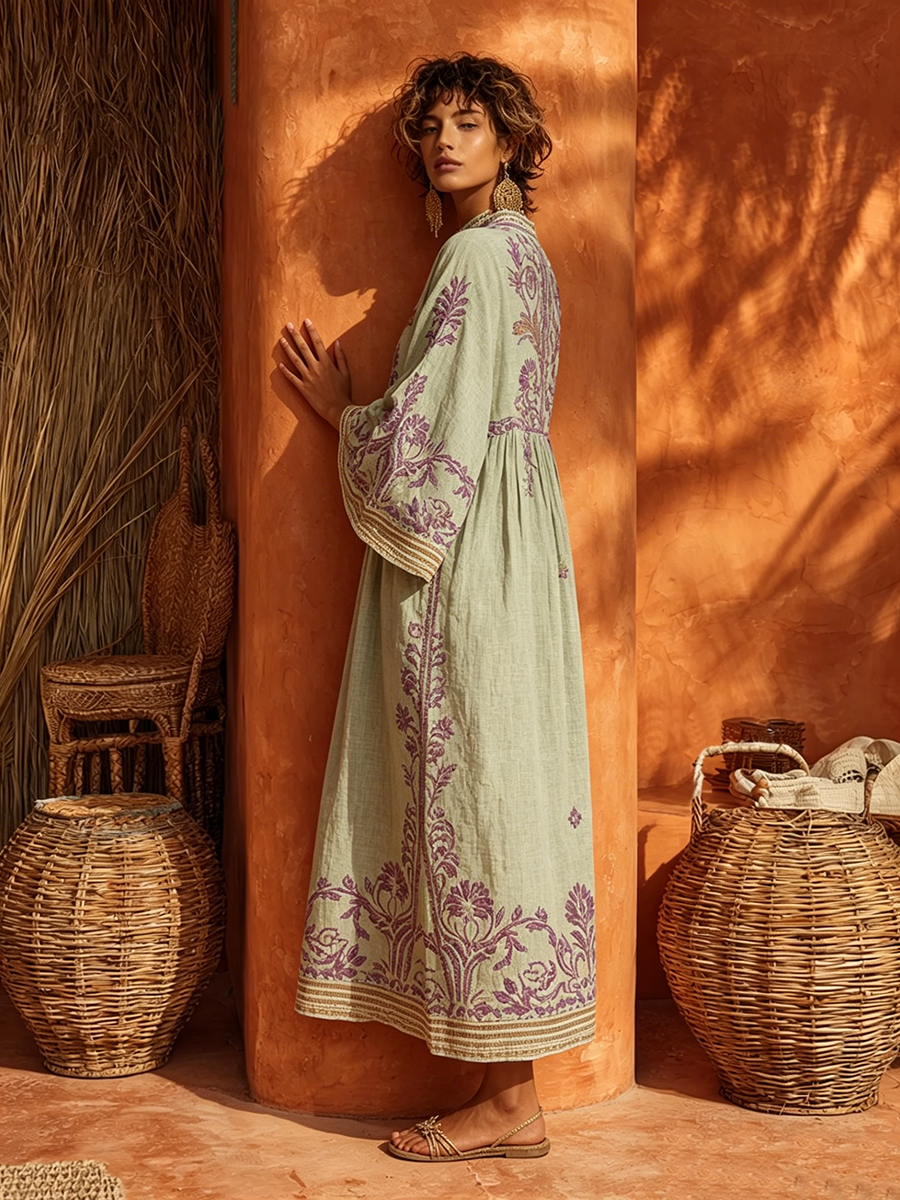 Sariana - Abito Ricamato in Stile Boho Con Scollo a V