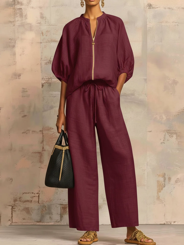 Alysha - Elegante Completo a Due Pezzi in Cotone E Lino