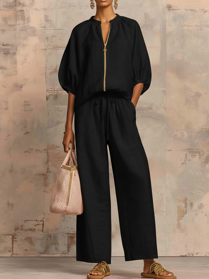 Alysha - Elegante Completo a Due Pezzi in Cotone E Lino