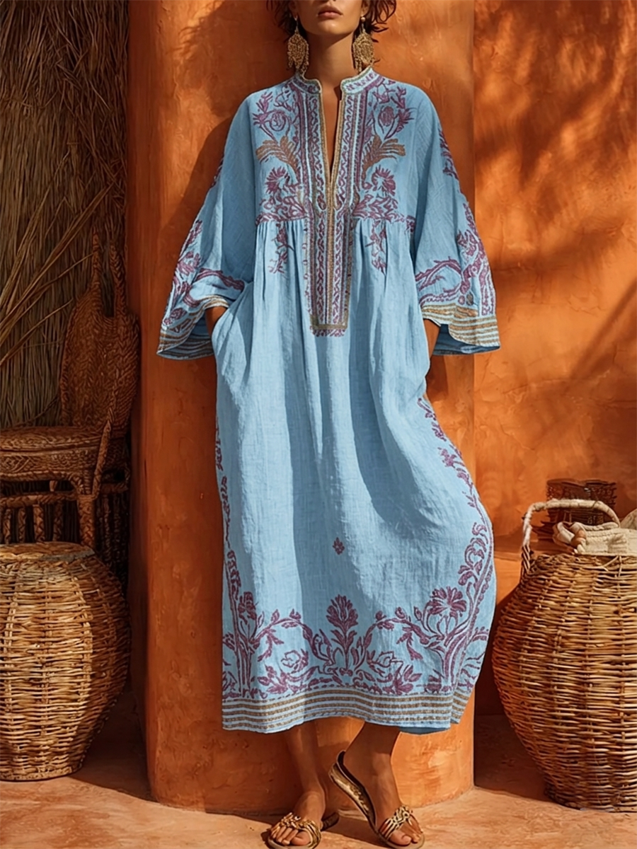 Sariana - Abito Ricamato in Stile Boho Con Scollo a V