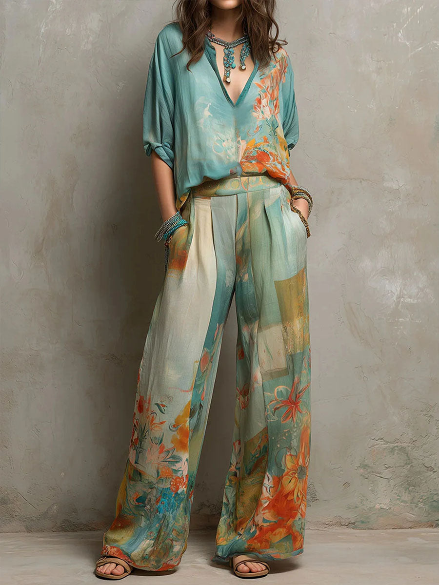 Chiaran - Completo con Stampa Floreale e Pantaloni a Gamba Larga