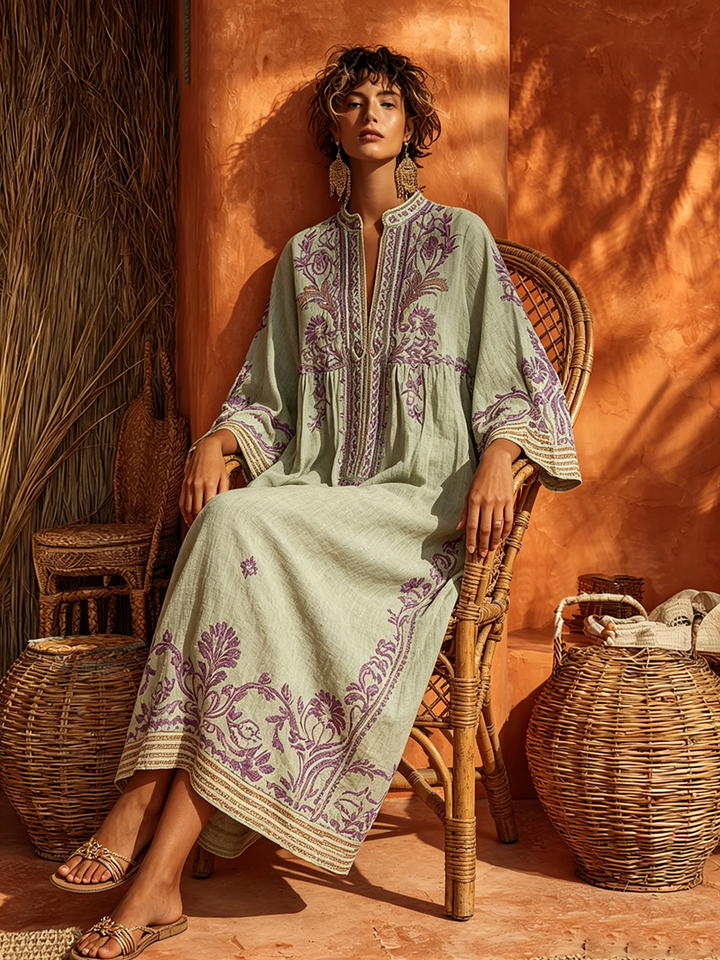 Sariana - Abito Ricamato in Stile Boho Con Scollo a V