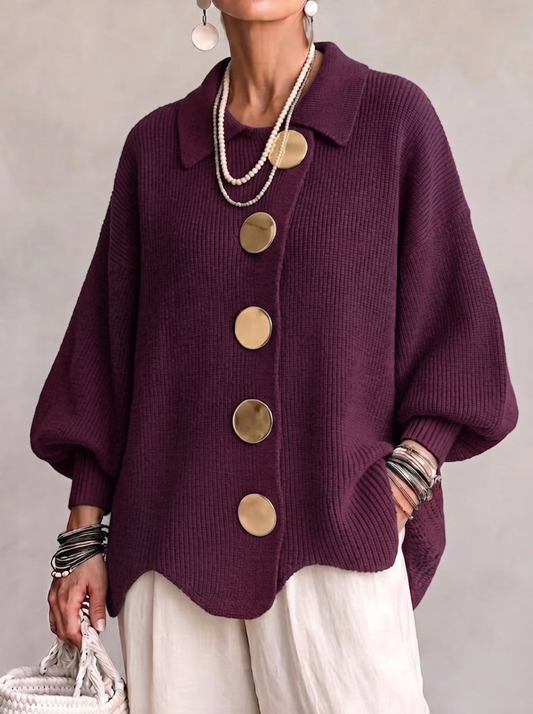 Shiryl - Cardigan in Maglia a Maniche Lunghe Con Colletto e Bottoni