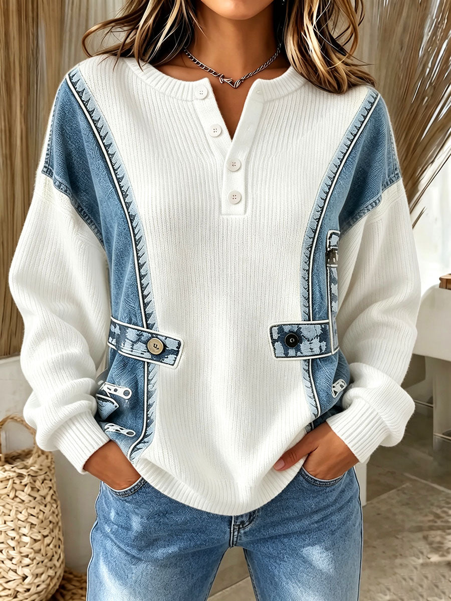 Benija - Maglione Casual in Maglia Con Stampa 3d Effetto Denim