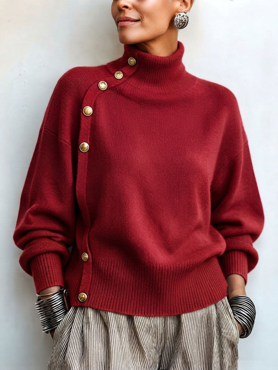 Lylian - Maglione a Maniche Lunghe Con Collo Alto e Bordi Con Bottoni