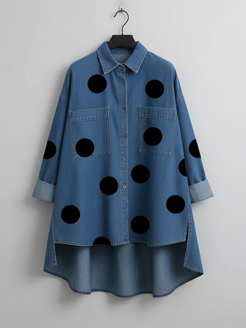 Shayner - Camicia in Denim a Maniche Lunghe Con Bottoni e Motivo a Pois