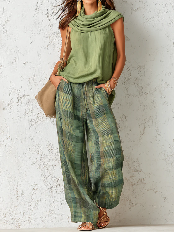 Nidya - Set con Top Senza Maniche Sage Breeze e Pantaloni a Gamba Larga Scozzesi