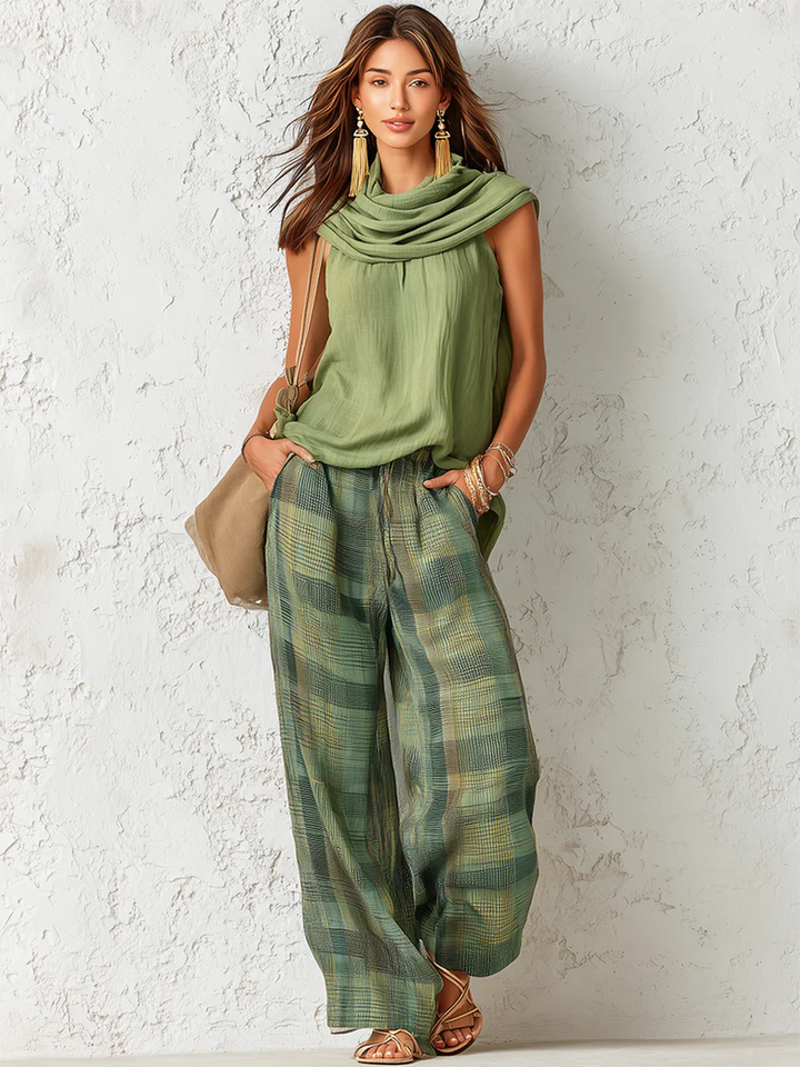 Nidya - Set con Top Senza Maniche Sage Breeze e Pantaloni a Gamba Larga Scozzesi