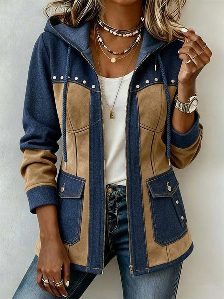 Emmina - Giacca Con Cappuccio in Pelle Scamosciata Patchwork