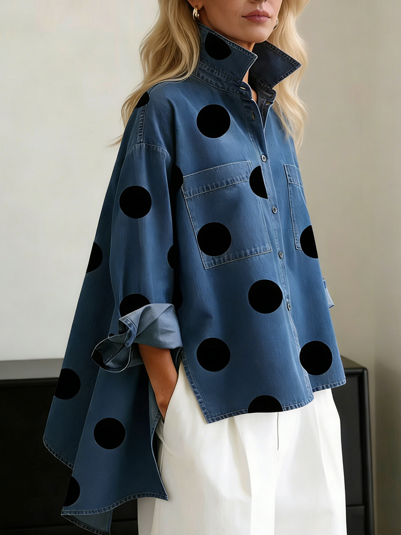 Shayner - Camicia in Denim a Maniche Lunghe Con Bottoni e Motivo a Pois