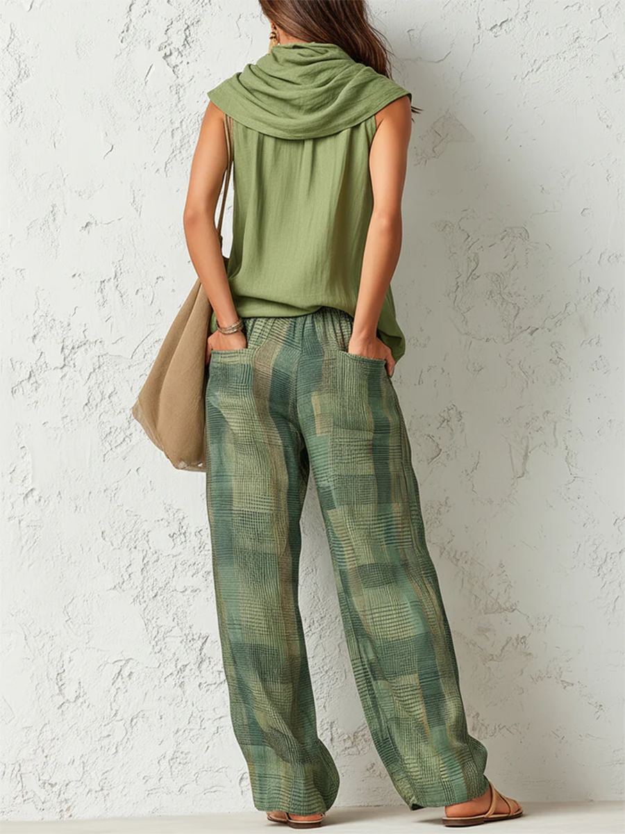 Nidya - Set con Top Senza Maniche Sage Breeze e Pantaloni a Gamba Larga Scozzesi