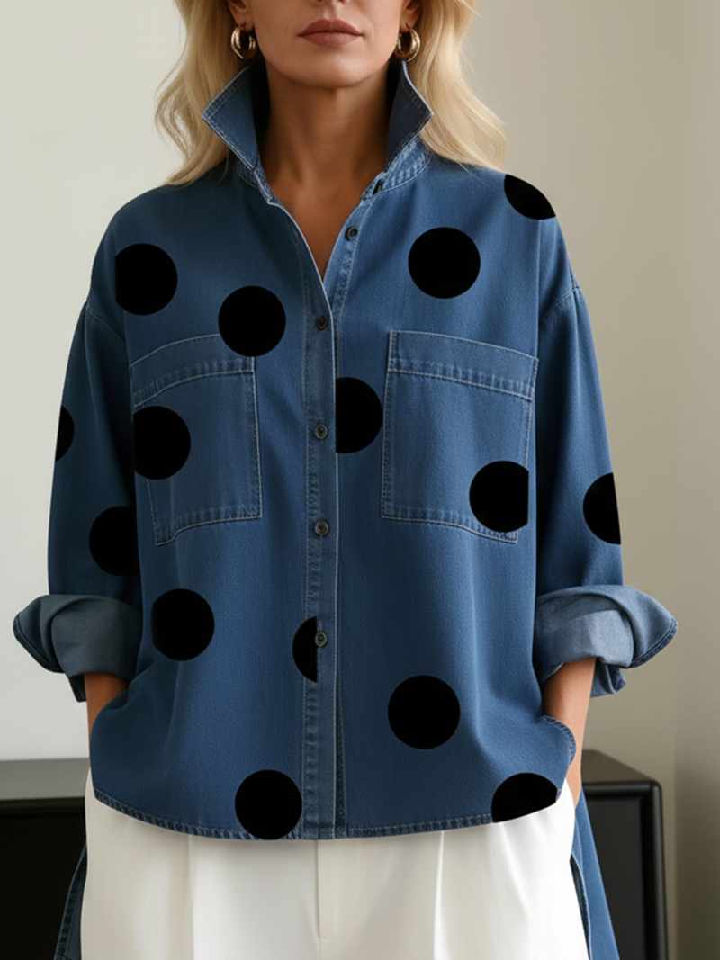 Shayner - Camicia in Denim a Maniche Lunghe Con Bottoni e Motivo a Pois