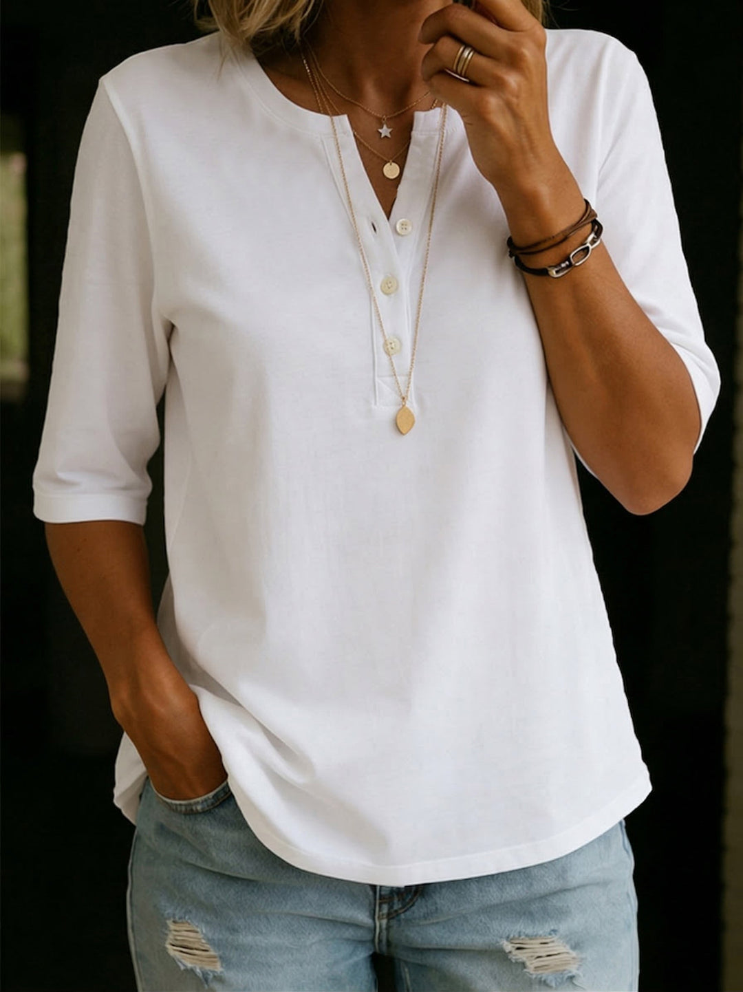 Hildah - Elegante Maglietta Henley Con Bottoni